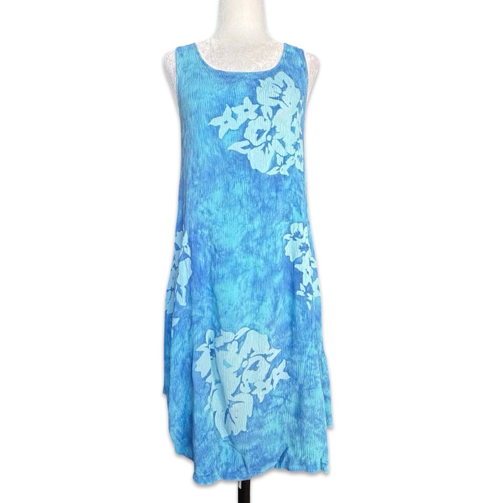 Vintage 90s  Blue Batik Print‎ Floral Rayon Tank Dress Lightweight Vacation
